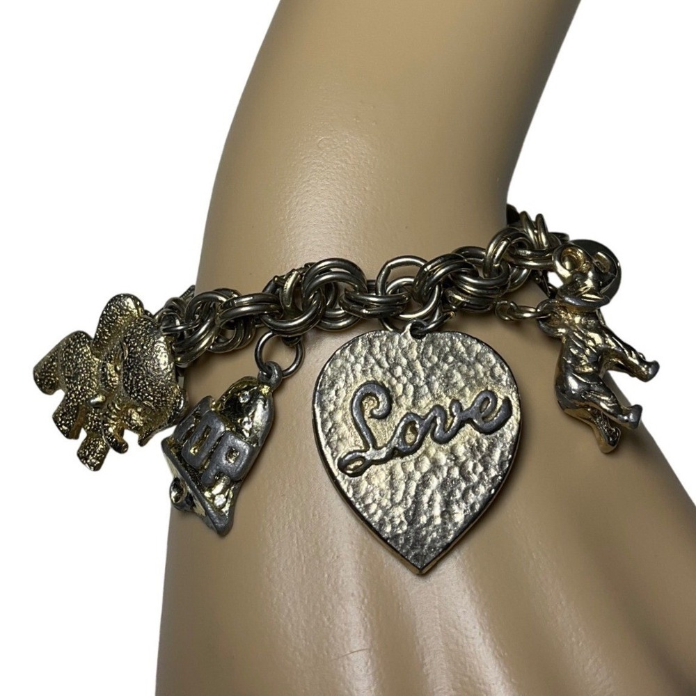 Vintage Charm Bracelet Political GOP Elephant Bell 60s Luck Silver Tone
